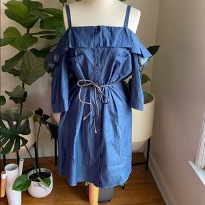 Chambray square neck, cold shoulder dress
